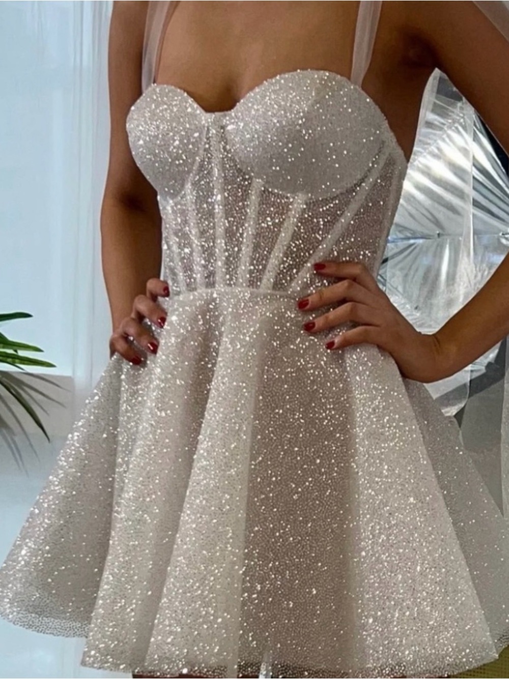 Sparkle Strapless A-Line Mini Dress - White